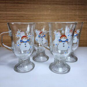 Snowman Pedestal Coffee Cups Set of 4 Clear Glass Goblet with Handle 5 1/2"